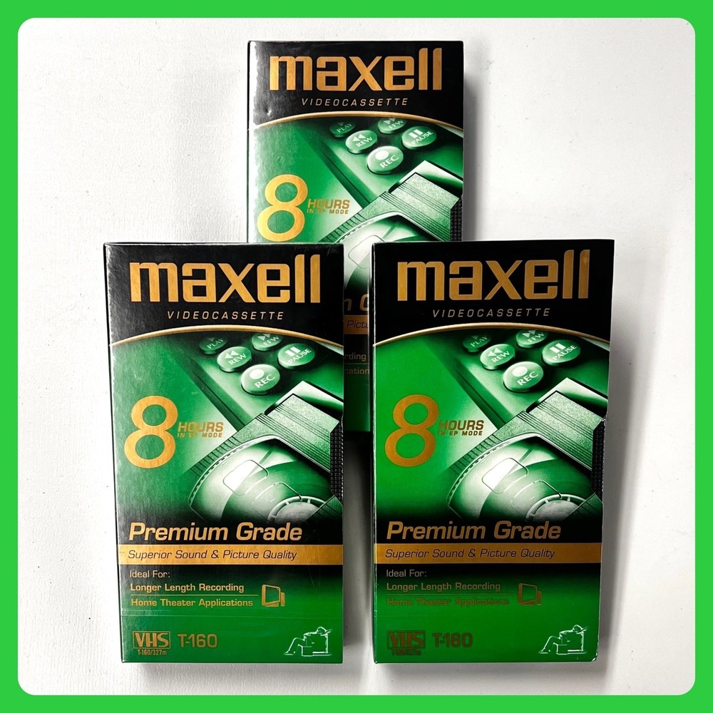Maxell VHS T-160 PREMIUM Grade Videocassette • Set  of 3 • 8 Hour EP NEW SEALED